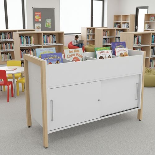 Bac albums/BD Ellipse structure bois avec stockage portes coulissantes - Image 3