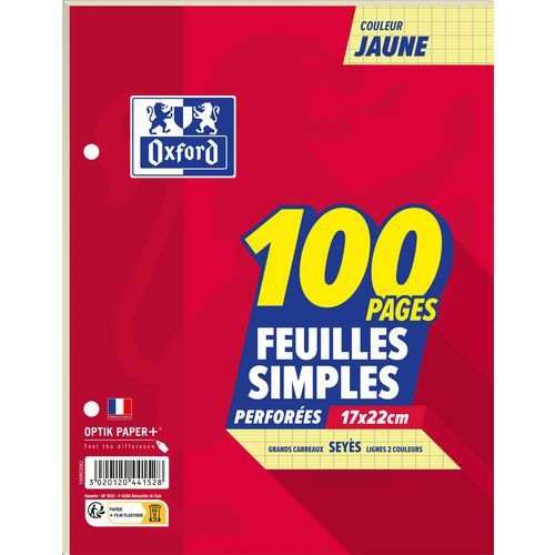Feuillet recharge classeurs 100 pages 80g 17x22 cm seyes  - jaune (Etui de 50) - Image principale