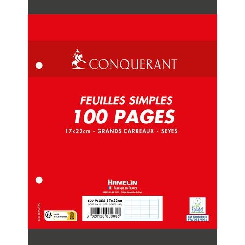 Feuillet recharge classeurs 100 pages 80g 17x22 cm seyes  - blanc (Etui de 50) - Image principale