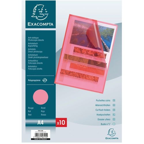 Lot de 10 Sachet 10 pochettes coin PP grainé 12/100e A4 Rouge - Image principale