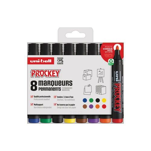 Pochette 8 marqueurs permanents pointe ogive Prockey Uni-ball assortis - Image principale