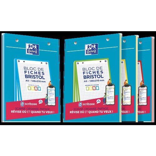OXFORD Bloc de Fiches Bristol 2.0 A5 Petits Carreaux 5mm 30 Fiches Collées Bords Colorés Assortis - Image principale
