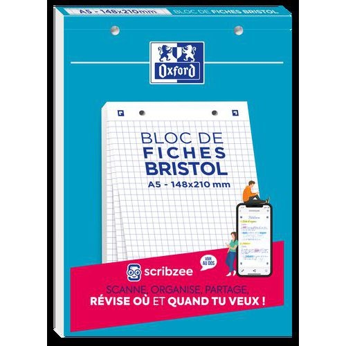 Bloc de 30 fiches bristol A5 petits carreaux 5mm blanches perforées - Oxford - Image principale