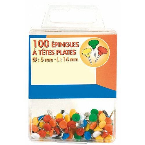 Boite de 100 épingles de signalisation tête plate couleurs assorties - Image principale