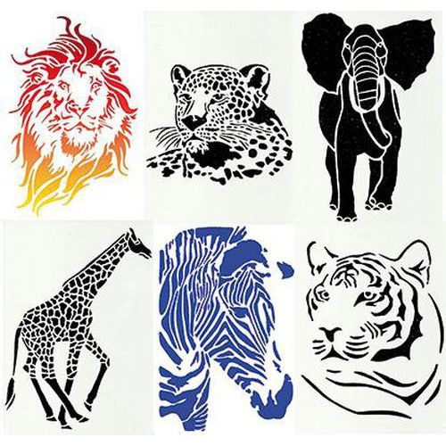 Ensemble 6 pochoirs animaux sauvages en plastique lavable. Format A4 - Image principale