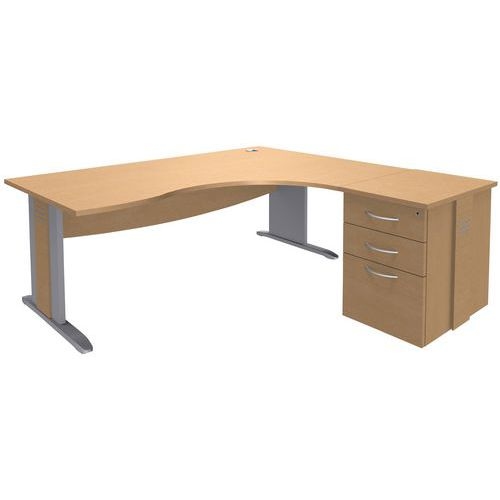 Pack bureau asymétrique 160cm pied L+caisson HB Quatuor Retour droite Hêtre/alu - Image principale