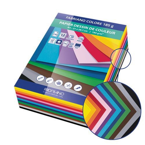 Paquet 240 feuilles papier dessin 21x29.7 cm Fabriano Colore 185g 12 couleurs assorties - Image 2