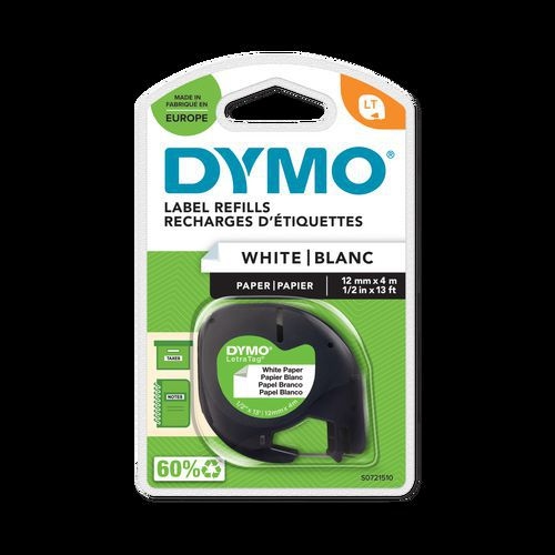 Ruban DYMO pour étiqueteuses LetraTag, papier, noir sur blanc 12mmx4m - Image principale