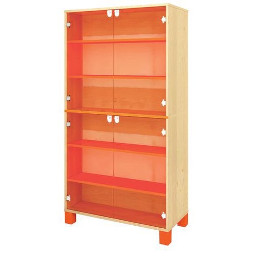 Bibliothèque Confetti avec pieds - étagères et 4 portes en verre bouleau/orange - Image principale