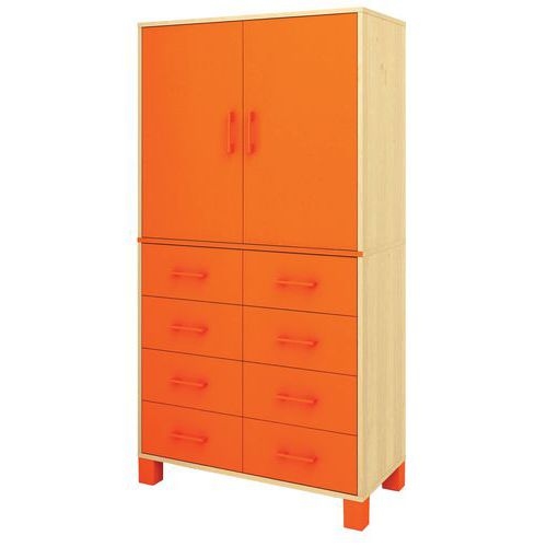 Bibliothèque haute Confetti avec pieds - portes pleines et tiroirs boul/orange - Image principale