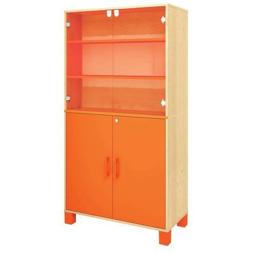 Bibliothèque Confetti pieds portes verre et portes pleines à clé bouleau/orange - Image principale