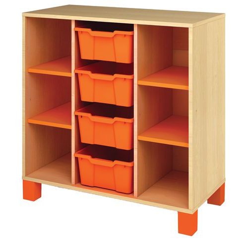 Meuble bas Confetti avec pieds et 4 bacs bouleau/orange - Image principale