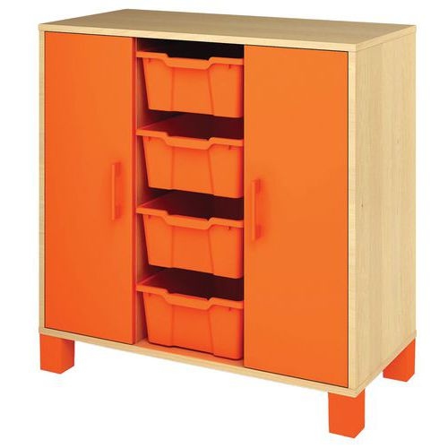 Meuble bas Confetti avec pieds - 4 bacs et portes bouleau/orange - Image principale