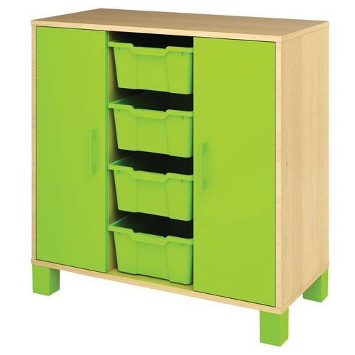 Meuble bas Confetti avec pieds - 4 bacs et portes bouleau/vert - Image principale