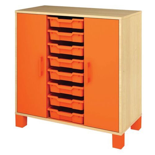 Meuble bas Confetti avec pieds - 8 bacs et portes bouleau/orange - Image principale