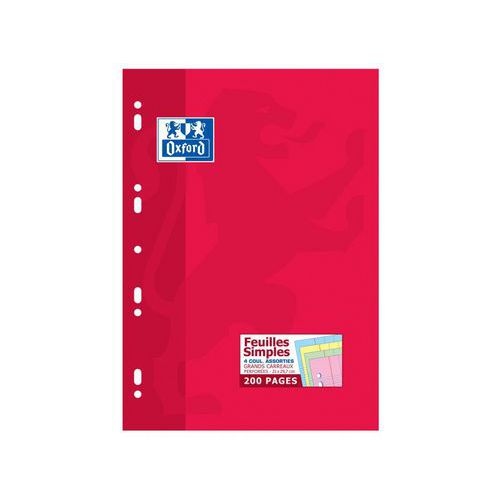 OXFORD Feuilles Simples A4 Grands Carreaux Seyès 200 Pages Etui Carte Rouge Coloris Assortis - Image principale