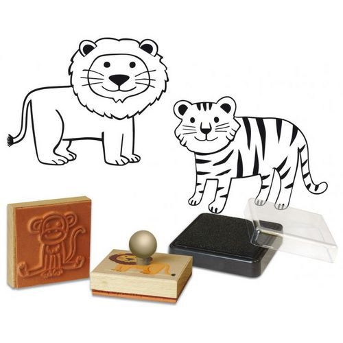 Lot 9 tampons bois thème les animaux de la savane + 1 recharge tampon noir - Image 2
