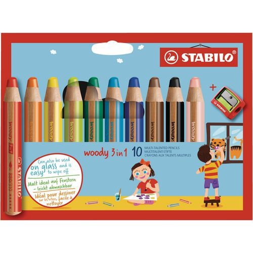 Etui carton 10 crayons Stabilo woody mine diam. 10 mm + 1 taille-crayon en plastique gros module offert - Image principale
