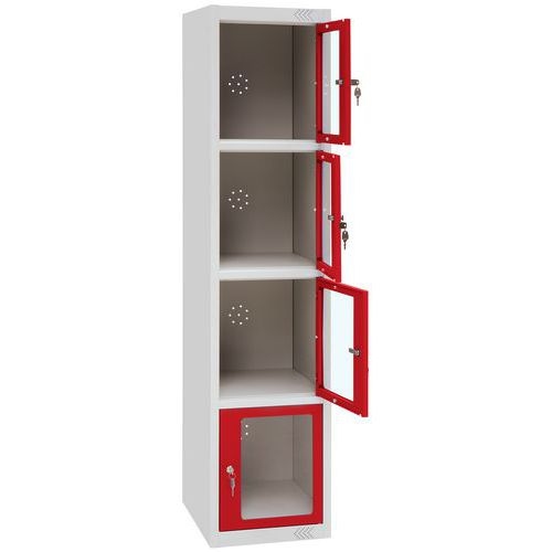 Vestiaire porte transparente 4 cases - 1 colonne lg 40cm Gris/Rouge - Image 4