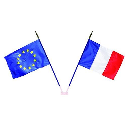 Pack porte drapeau 2 branches + drapeaux France et UE 60 x 90 cm sur hampe bois - Image 2