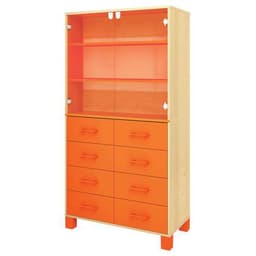 Bibliothèque Confetti pieds - étagères portes verre et tiroirs bouleau/orange - Image principale