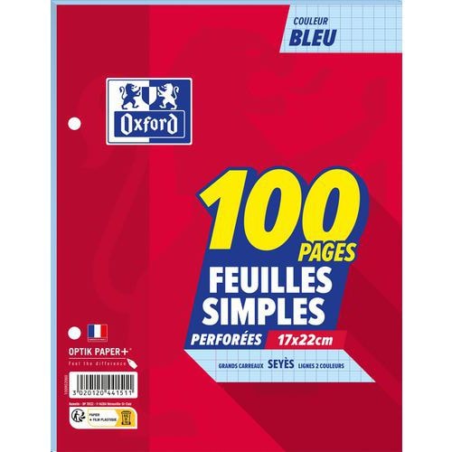 Feuillet recharge classeurs 100 pages 80g 17x22 cm seyes  - bleu (Etui de 50) - Image principale