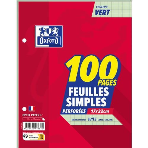 Feuillet recharge classeurs 100 pages 80g 17x22 cm seyes  - vert (Etui de 50) - Image principale