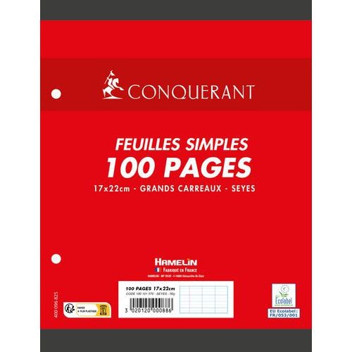 Feuillet recharge classeurs 100 pages 80g 17x22 cm seyes  - blanc (Etui de 50) - Image principale