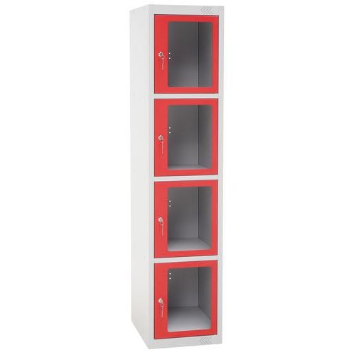 Vestiaire porte transparente 4 cases - 1 colonne lg 40cm Gris/Rouge - Image principale