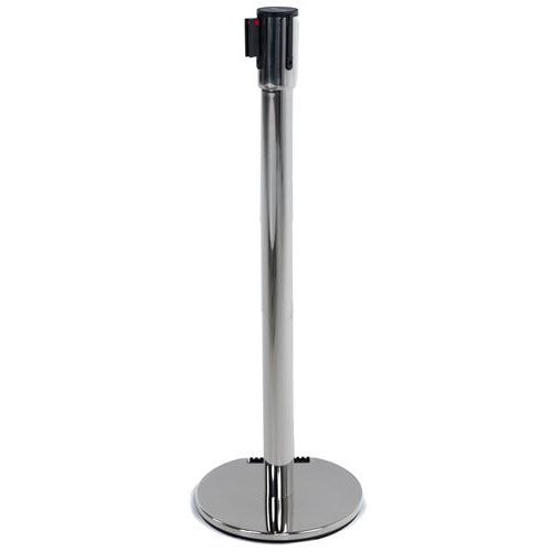Poteau chromé sangle rouge 5m base à roulettes chromé - Image principale
