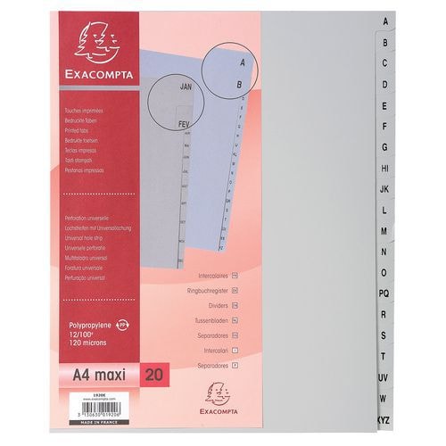Lot de 10 Intercalaires alphabétiques pp gris az 20 positions A4 maxi - Image principale