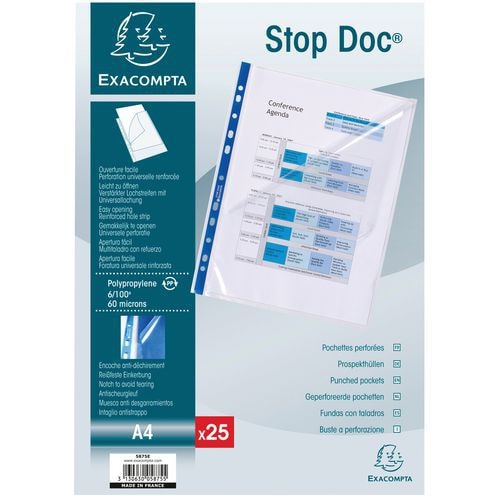 Lot de 4 Sachet de 25 pochettes perforées stop doc ouverture coin A4 - Image principale