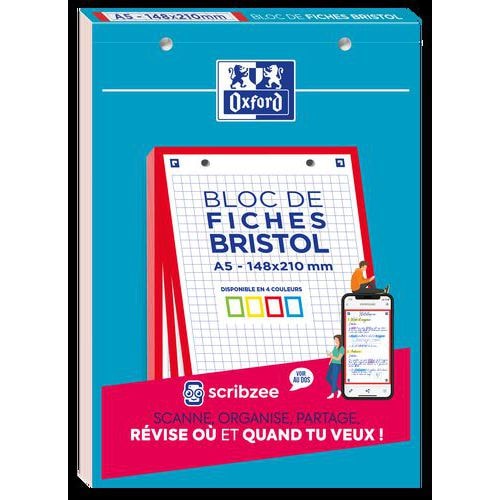 OXFORD Bloc de Fiches Bristol 2.0 A5 Petits Carreaux 5mm 30 Fiches Collées Bords Rouges - Image principale