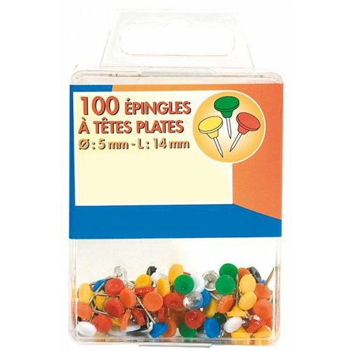 Boite de 100 épingles de signalisation tête plate couleurs assorties - Image principale