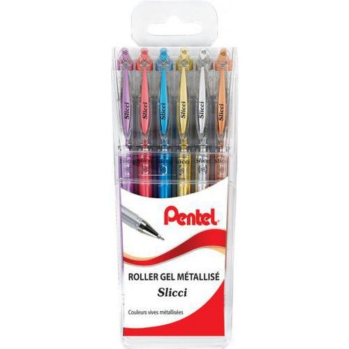 Pochette 6 stylos bille encre gel métalliques Slicci Pentel pointe 0.8 mm - Image principale