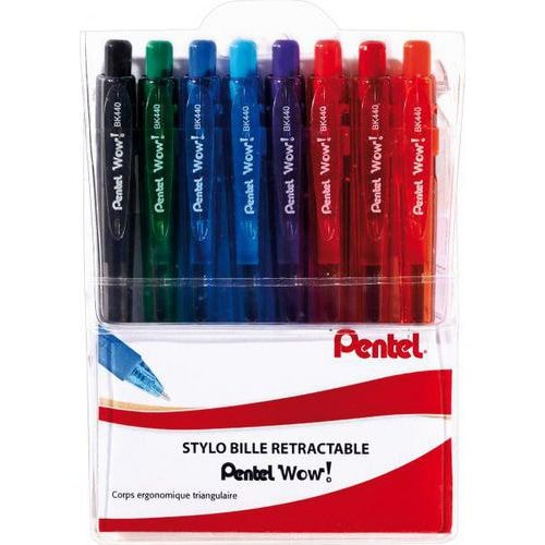 Pochette 8 stylos bille rétractable grip pointe 1 mm - bleu, noir, rouge, vert, orange, rose, violet - Image principale