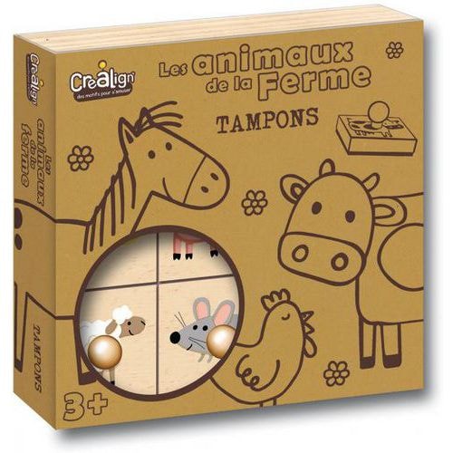 Lot 9 tampons bois thème les animaux de la ferme + 1 recharge tampon noir - Image principale