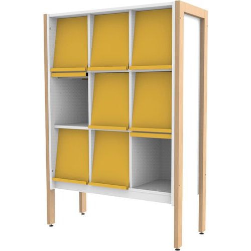 Présentoir 9 cases stockage structure bois volets jaune RAL1023 Ellipse enfant - Image principale