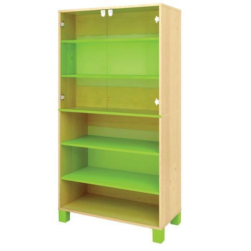 Bibliothèque Confetti avec pieds - étagères et 2 portes verre à clé bouleau/vert - Image principale