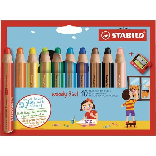 Etui carton 10 crayons Stabilo woody mine diam. 10 mm + 1 taille-crayon en plastique gros module offert - Image principale