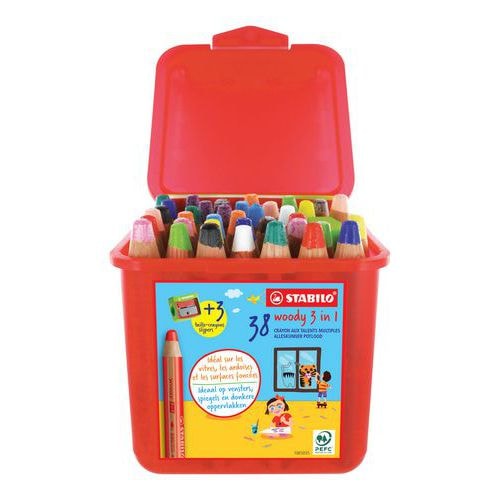 Schoolbox 38 crayons couleurs assorties gros module Woody + 3 taille-crayons gros module offert - Image principale